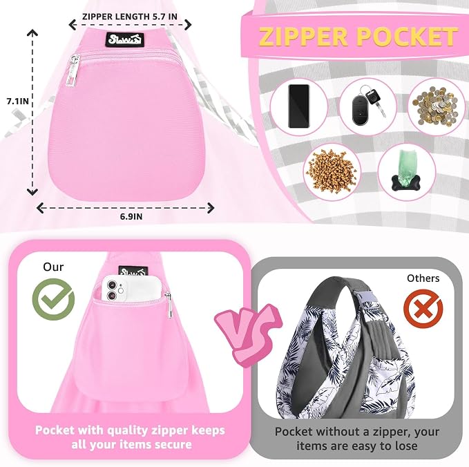 Lukovee Pet Sling, Puppy Small Pet Cat Carrier with Safety Hook | Hands-Free,Padded Strap, Breathable, Adjustable, Storage Pocket, Tote Bag Shoulder Bag with Front Pocket (Pink-WY,S)
