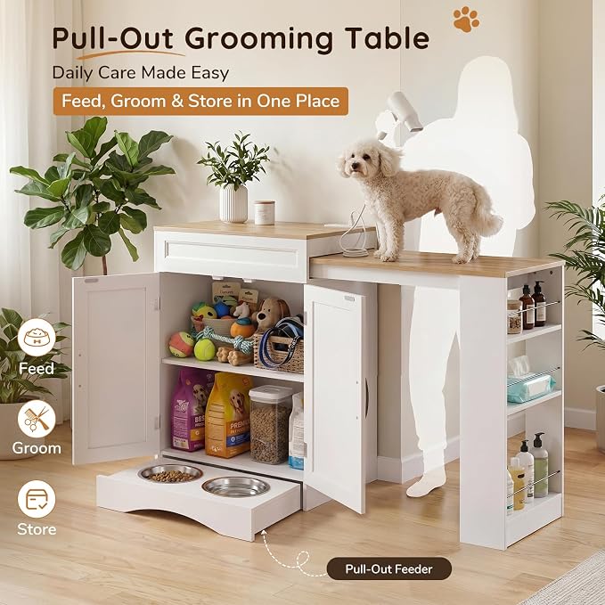 Furnaza 49.2" Dog Food Storage Cabinet with Power Outlets and Hidden Bowls | Wood Kitchen Island with 3-Tier Shelf ,Pull-Out Countertop,Pet Feeding Station for Small Space, Kitchen, Living Room,White