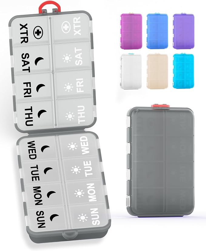 Pill Organizer Travel Medicine Organizer - Weekly Pill Organizer with 2 Extra Compartments, Clear Printed Labels, AM PM Pill Dispenser