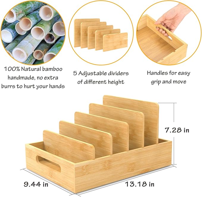 Retro Shaw Lid Organizer for Plastic Lids, with 5 Adjustable Dividers | Handmade, Bamboo, For Cabinet and Drawer, Kitchen Storage and Organization