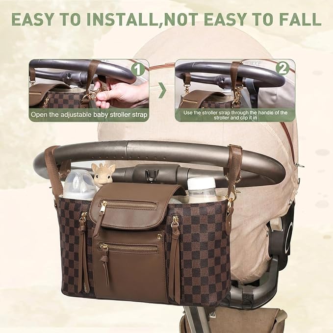 miss fong Checkered Stroller Caddy with Insulated Cup Holder Universal Stroller Organizer Bag Baby Storage Bag with Adjustable Strap, Fits for Baby Carriage like Uppababy, Baby Jogger, Umbrella