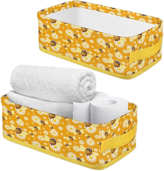 Bee Daisy Cartoon Bathroom Storage Basket, Foldable with Handle Open Countertop Paper Towel Decorative Box, Toilet Tank Top Shelf Baskets for Home Closet Bedroom Living Room Office