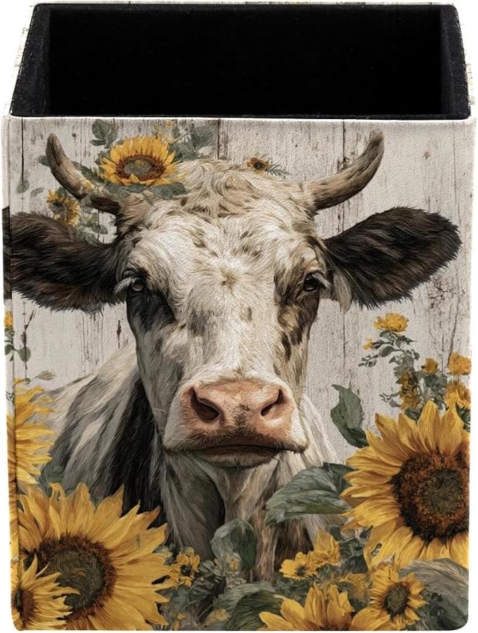 Sunflower and Cow Pen Holder for Desk Decor, Rectangular PVC Leather Pencil Cup for Desk Pen Organizer, Makeup Brush Holder for School, Home, Office