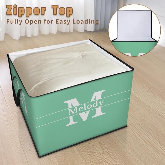 Custom Extra Large Storage Baskets Named with Lid, Personalized Storage Bins Basket Boxes Handles for Clothes Blanket Bedroom Closet Organizing Toys Shelves, Mint Green with Initial Letter