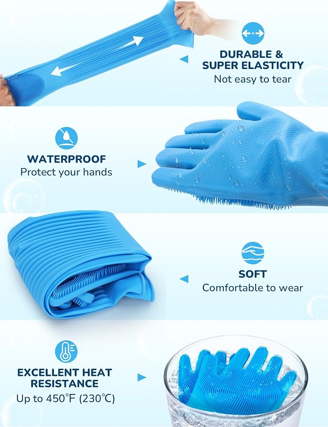 Pecute Silicone Pet Grooming Gloves for Washing Cats Dogs Bath Brush | Extended cuff, 3,000 soft bristles, Gentle massage & deshedding, Dishwasher safe, For large/thick coats, Home/car cleaning