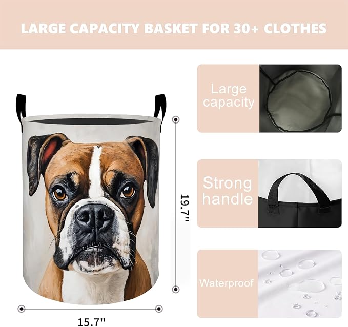Boxer Dog Laundry Basket Hamper 19.7"x15.8", Organizer Bins Gifts for Kids Boys Girls, Cute Boxer Puppy Foldable Waterproof Oxford Clothes Storage Bucket for Bedroom Bathroom Decor