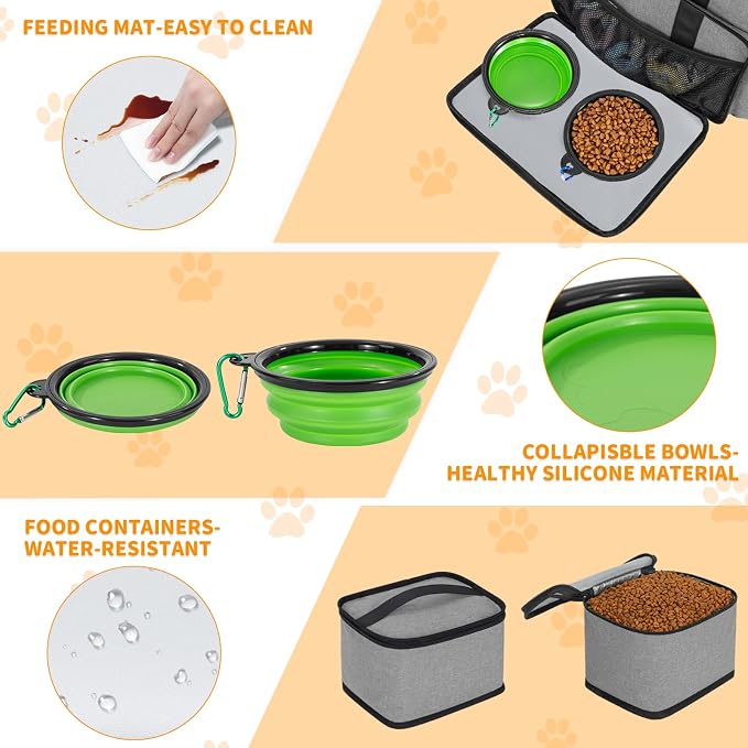 TORIBIO Large Dog Travel Bag for Supplies with Food Bowl | With 2 Food Container and Collapsible Bowls, Mat & Divider, Water-resistant, Pet Travel Kit for Weekend, Road Trips, Camping
