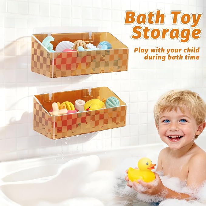 2 Pack Bath Toy Storage Holder, Large Capacity Bath Tub Toy Organizer | Holder for Bathroom, Bedroom & Kitchen, Organize Shower Toy, Shampoo, Bath & Kitchen Items, ABS Quick-Drying, Brown