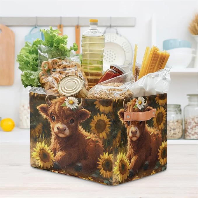 Cute Baby Cow Storage Basket with Handles Fabric Storage Bins Collapsible Nursery Basket for Shelf Book Cloth Closet Organizer Box 15 X 11 X 9.5 IN