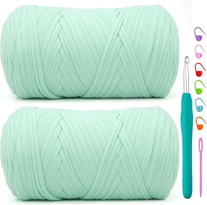 2 Pack Tshirt Yarn for Crochet,Mint Green T Shirt Soft Elastic Fabric Chunky Thick T-Shirt Crochet Yarn for Crocheting Knitting Beginner Hand Knitting Bag/DIY Craft/Home Decor 2 * 400G-Mint Green