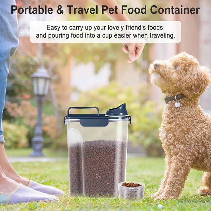Dog Cat Food Storage Container with Cup (Ink Blue, 5L) | Pet Food Pourable Container Airtight with Large Spout, BPA-Free Plastic Food Dispenser for Pet Food, Bird Seed, Rice, Flour