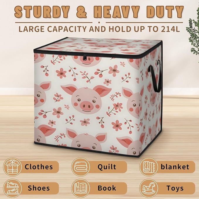 Cute Pig Faces Large Storage Bags, Fabric Bed Storage Containers, Foldable Closet Organizers for Blanket, Clothing, Comforter, Bedding, Pink Pig