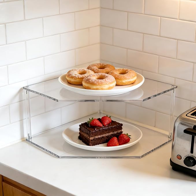 2 Pcs Black Acrylic 2-Tier Stackable Corner Organizer Shelf | Space Saving Clear Acrylic Corner Rack to Organize Spices, Tableware and Household Supplies