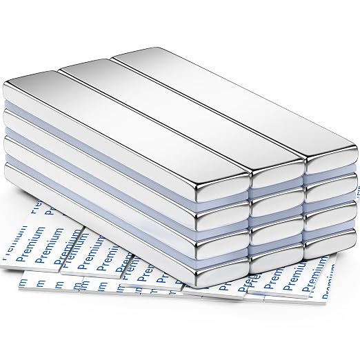 FINDMAG 12 Pack Neodymium Bar Magnets, Powerful Rare Earth Magnets with Double-Sided Adhesive - 60 x 10 x 3 mm | Rare earth bar magnets with a peel-and-stick surface; for tool storage, fridge panels, cabinet fixtures and display pieces