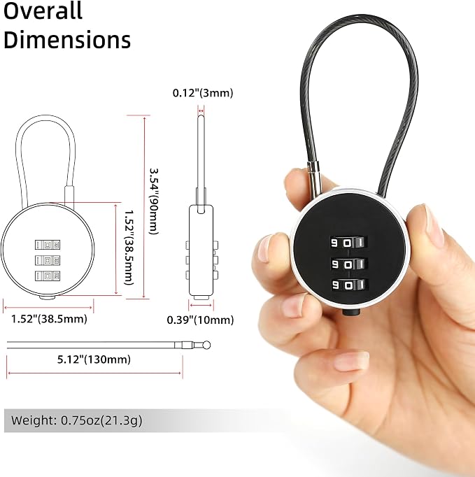 Small Combination Lock for Luggage, Gym Locker, Backpack Bag Zipper, Mini Combo Lock with Code, 5.12 Inch Steel Cable Padlock for Travel Suitcase, Cabinet, Toolbox, Bike, Bicycle Basket