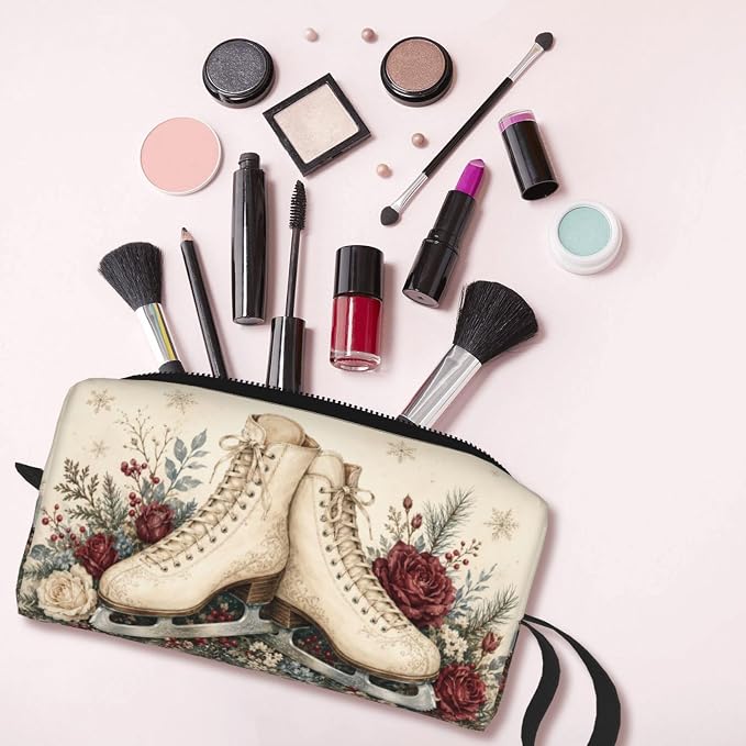 Ice Skate Small Makeup Bag, 600D Oxford Cosmetic Pouch for Women | Ice Skate Cosmetic Bag, Double-Sided Printed Toiletry Pouch with Foam Padding for Women, Travel, Gym, Weekend and Daily Use