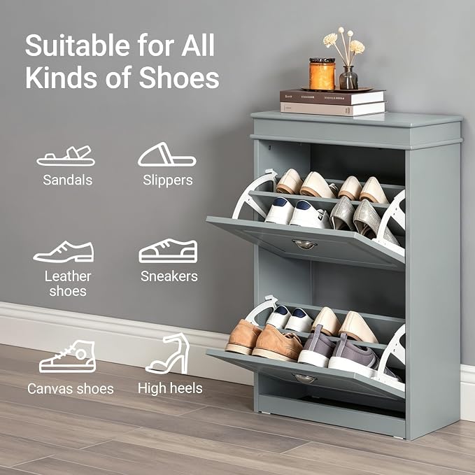 Haotian Small Shoe Cabinet | Two Flip Drawers Freestanding Shoe Rack, Shoe Storage Cupboard Organizer, FSR78-HG