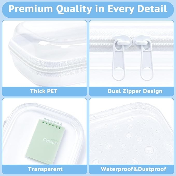 SAYEEC 3 Pack Clear Hard Shell Zipper Case Clear Pencil Case Travel Makeup Bag Rigid Toiletry Bag Organizer Portable Cosmetic Bags Plastic Zipper Pouches for Office Tech Art Supplies Storage (M, 2S)