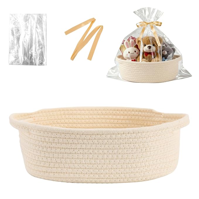 Basket for Gifts Empty, Small Woven Basket with Bags and Ribbons, Baby Toy Baskets with Handles, Wicker Storage Bin for Baby Showers or Pet Toy (Creamy White, 1 Pack (12"x 8"x 3.74"))
