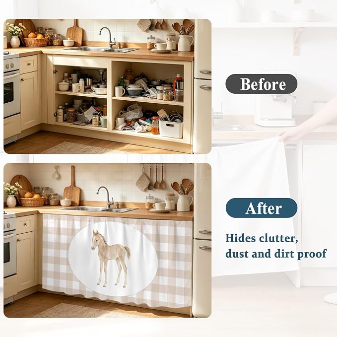 Graceful Pony Cabinet Dishwasher Hidden Curtains, Privacy Closet Door Curtain, Natural Horse Modern Farmhouse Plaid Rustic Adhesive Dust Proof Under Sink Skirt for Bathroom Kitchen 35"x35"