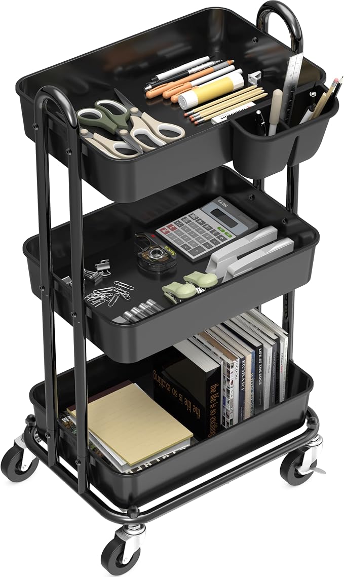 Simple Houseware 3-Tier Rolling Utility Cart with Hanging Bucket, Black | Storage for Bathroom, Kitchen, Office, Study Room, Nursery Diaper