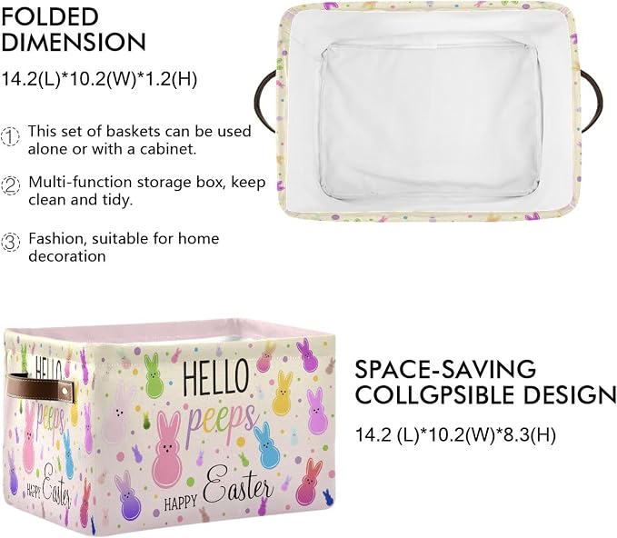 Happy Easter Day Peep Bunny Storage Basket with Waterproof Liner and PU Handles Easter Eggs Leopard Cheetah Storage Bins Boxes 14.2" Collapsible Decorative Organizer Baskets for Bedroom Closet 2 Pack
