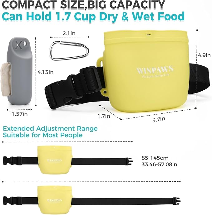 Silicone Dog Treat Pouch with Poop Bag Holder,Waterproof Magnetic Close Sealable Fanny Pack with Adjustable Waist Belt, Pet Puppy Training Essentials, One-Handed Opening with Press & Magnetic(Yellow)