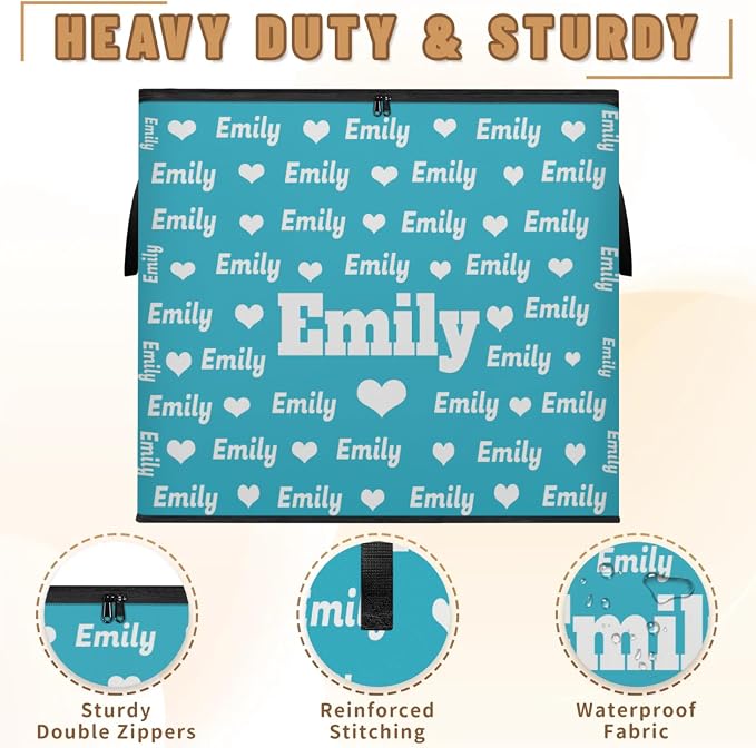 Custom Name Large Clothes Storage Organization with Lids, Kids Toys Bin Shelf Basket, Bedding Clothes Towel Lake Blue Storage Bin for Nursery, Gift Basket, Pet Basket, Full Names Love Hearts Printed