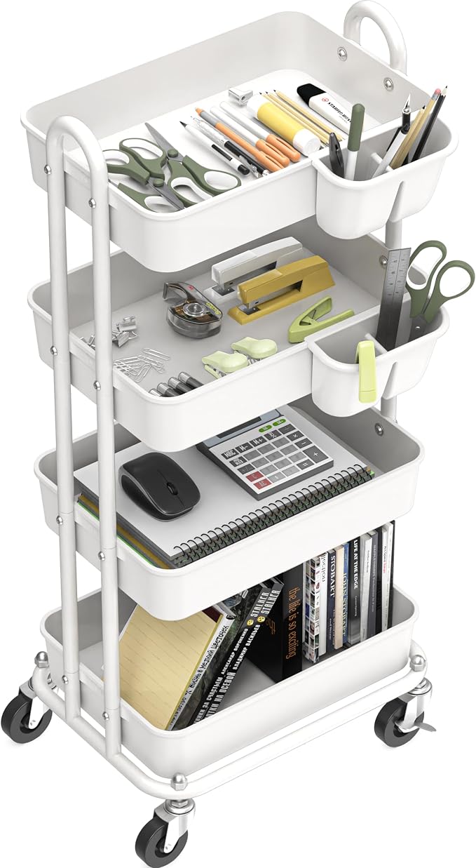 Simple Houseware 4-Tier Rolling Utility Cart with Hanging Bucket, White | Storage for Bathroom, Kitchen, Office, Study Room, Nursery Diaper