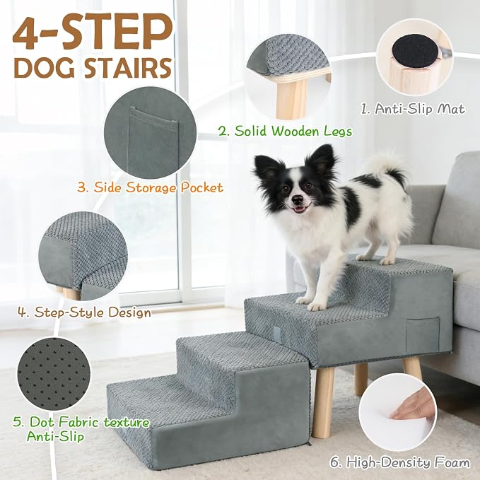 2-in-1 Dog Stairs & Ottoman, 4-Step Dog Ramp for Couch & Sofa | Dog Ramp for Bed, High-Density Foam & Wood Board Support, Side Storage Pocket, Foldable, 170 lbs, Machine Washable, Grey