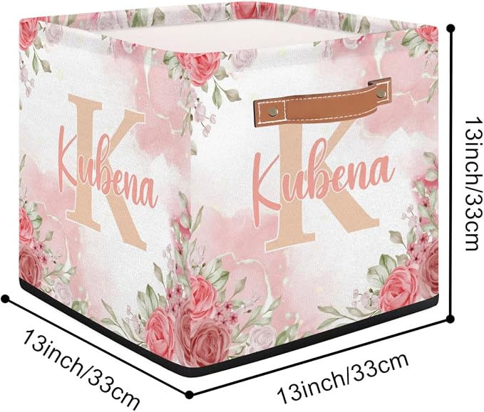 Personalized Initial-Name Pink Flower Storage Baskets for Girls Women, Custom Portable Square Storage Bins with Handles Foldable Organizer for Clothes, Toys, Blanket, Towel,Pet 13”