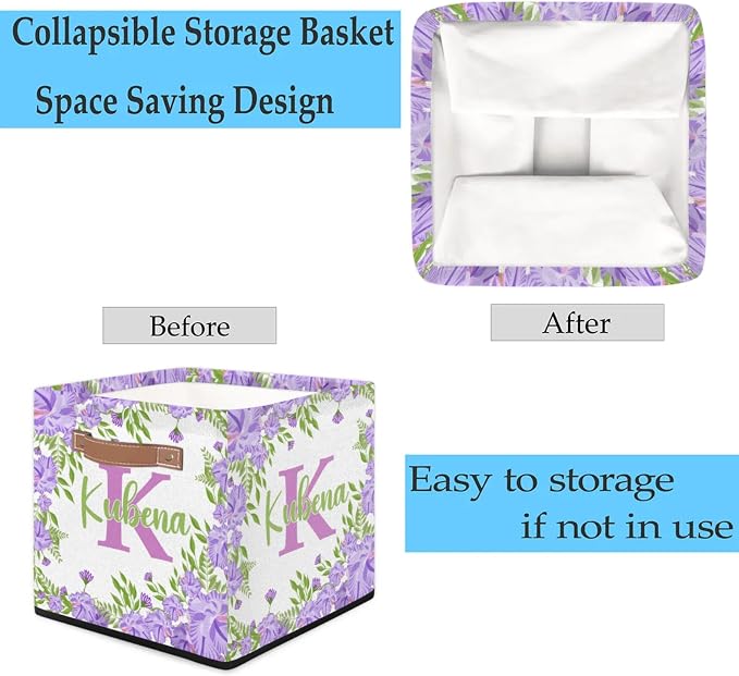Personalized Initial-Name Purple Flower Storage Baskets for Girls Women, Custom Portable Square Storage Bins with Handles Foldable Organizer for Clothes, Toys, Blanket, Towel,Pet 13”