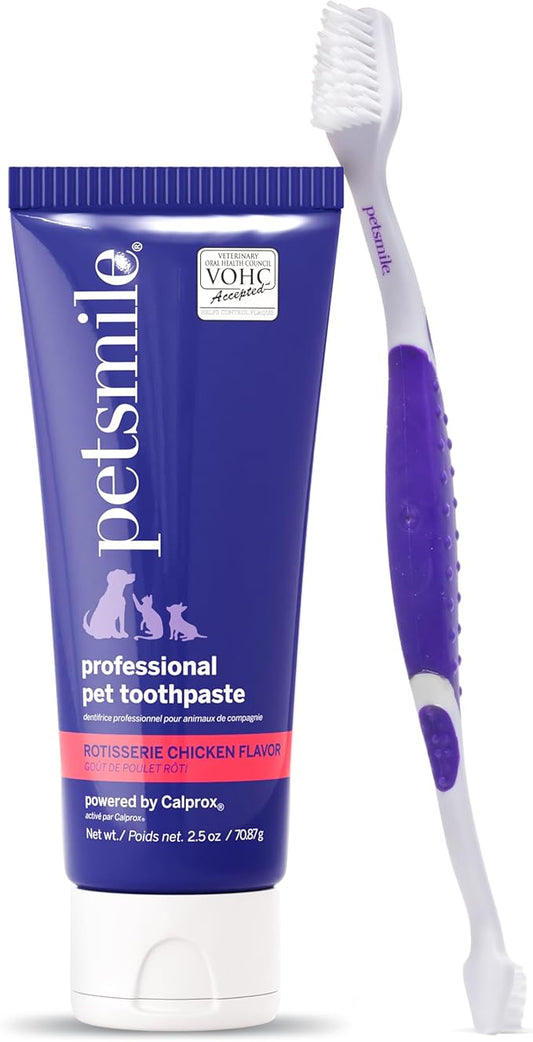 Petsmile Professional Pet Teeth Brushing Kit for Cats & Dogs - VOHC Accepted Toothpaste & Patented Toothbrush - Proven to Control Plaque & Tartar Calprox Formula (Rotisserie Chicken, 2.5 Oz)