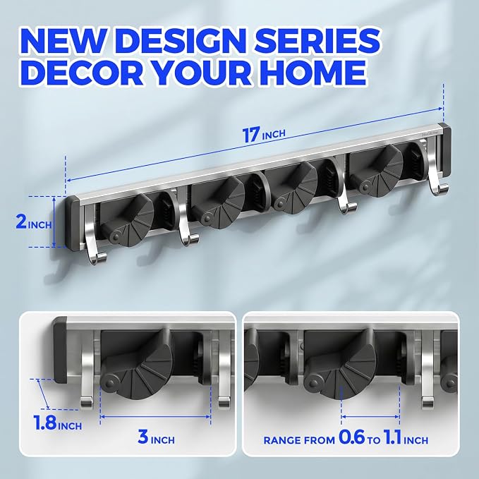 Holikme Mop Broom Holder Wall Mount Metal Pantry Organization and Storage Garden Kitchen Tool Organizer Wall Hanger for Home Goods (4 Positions with 4 Hooks, Black)