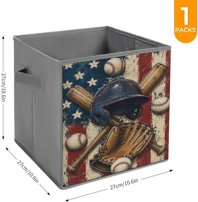Baseball Gear American Flag Design Storage Bin with Handles, Oxford Fabric Foldable Storage Cube Organizer for Clothes, Towels, Bedroom, Living Room, Home Organization