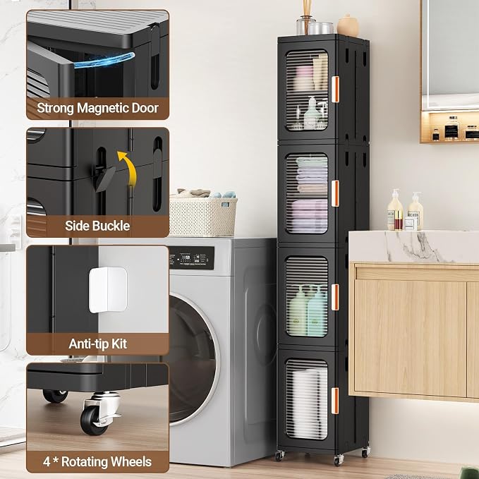 BROVIEW 3-Tier Tall Narrow Storage Cabinet Organizer, Slim Bathroom Cabinets with Adjustable Shelves and Doors, Plastic Kitchen Pantry Organizers and Storages for Small Space, Laundry, Black