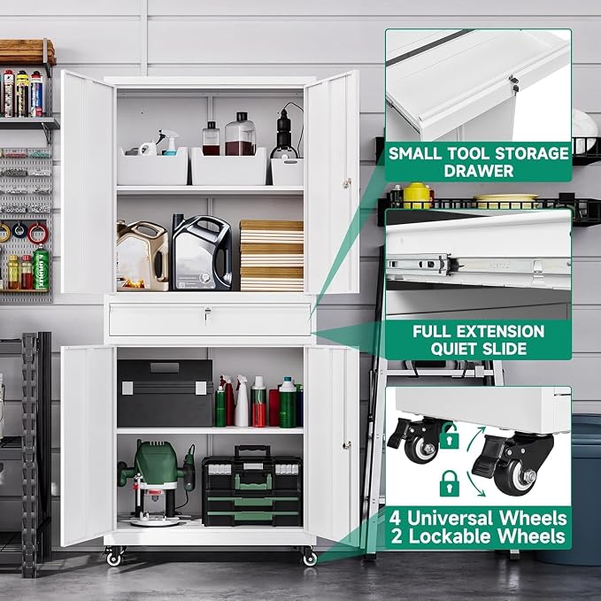 Metal Garage Storage Cabinet with Wheels,72“ Rolling Tool Cabinet with 4 Door Lock-Adjustable Shelves and Drawer for Garage Home Office Utility Room (White with Wheels)