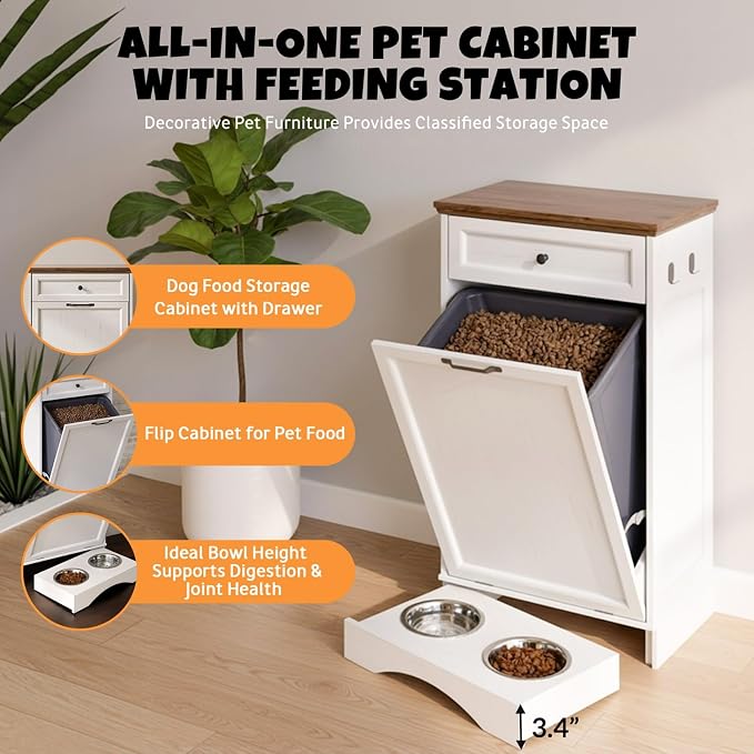 Tilt Out Trash Can Cabinet with Dog Bowl, 10 Gallons Dog Feeding Station with Storage Cabinet, Pet Food Cabinet with Hideaway Drawer for Kitchen, Living Room