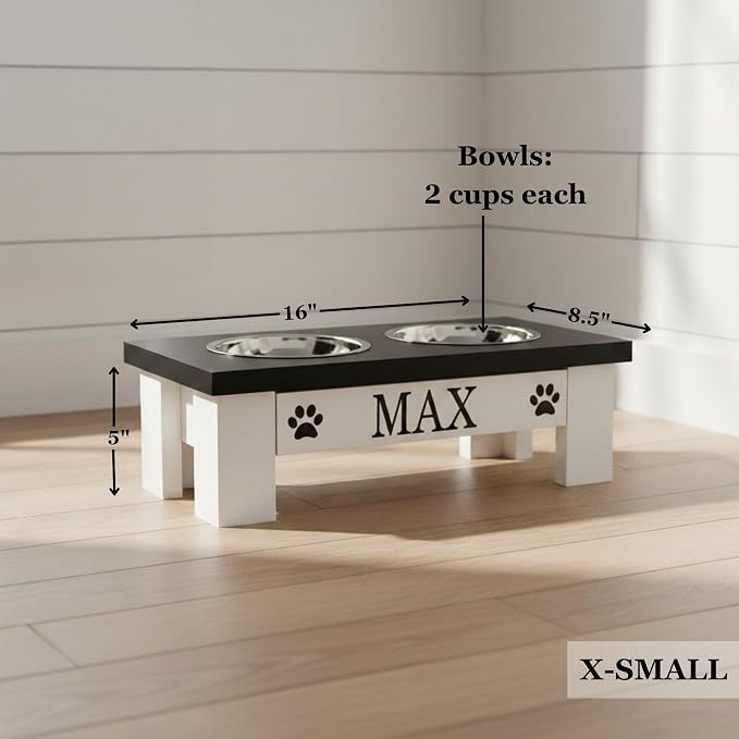 Personalized Dog Bowls Stand for Small Dogs, Wood Elevated Feeding Station | Farmhouse Style, Stainless Steel Dishwasher Safe Bowls, Raised Anti-Slip Feeder, Made in USA