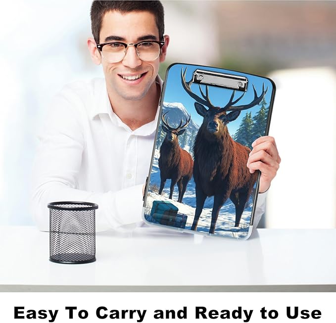 A4 Clipboard with Storage Pen Holder, Clipboards Organizer Nursing Clipboard Foldable File Folder Plastic Clipboard Folio Clip Board for Office Work Classroom Doctor, Snow Mountain Deer