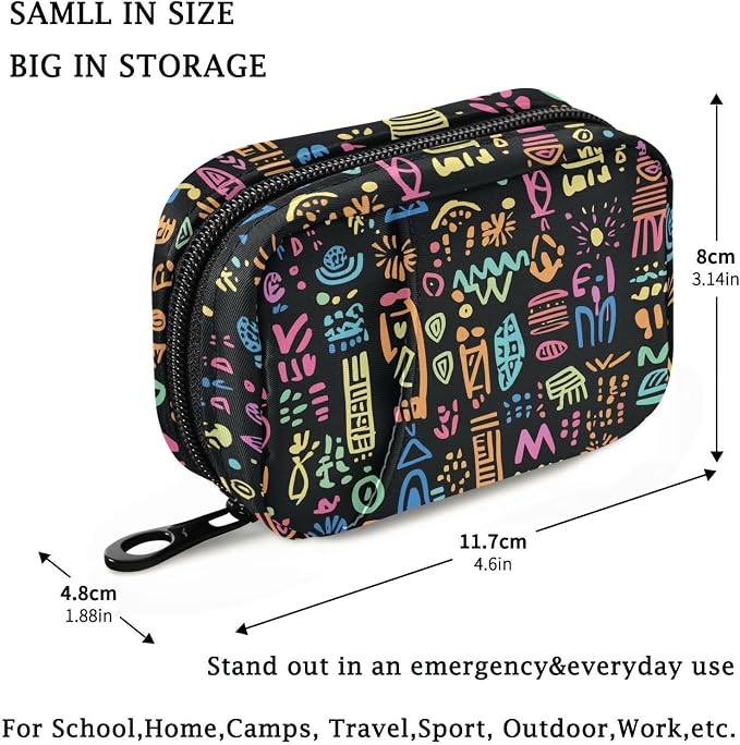 Fustylead Doodle Hand Drawn Tribe Colorful Bright Trendy Ornaments Travel Pill Case Bag with Zipper Weekly Pill Box 8 Compartments 7 Day Personal Pill Case Purse Medicine Case Organizer