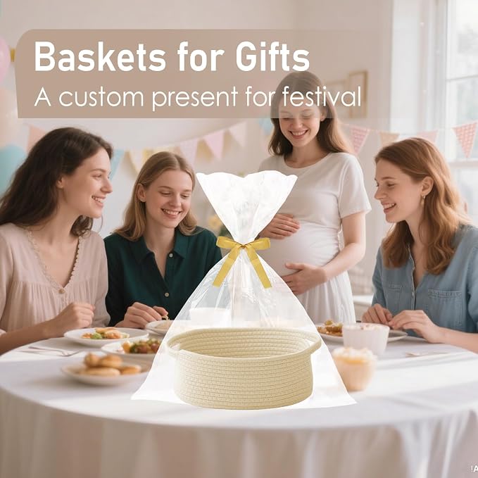 JMvicyroam Small Woven Basket, Empty Gift Basket, Beige/3 Pack | Small Gift Basket, Cotton Rope, 12 x 8 x 11 in, Handles, Includes Ribbon and Bag, Birthday Gift Basket