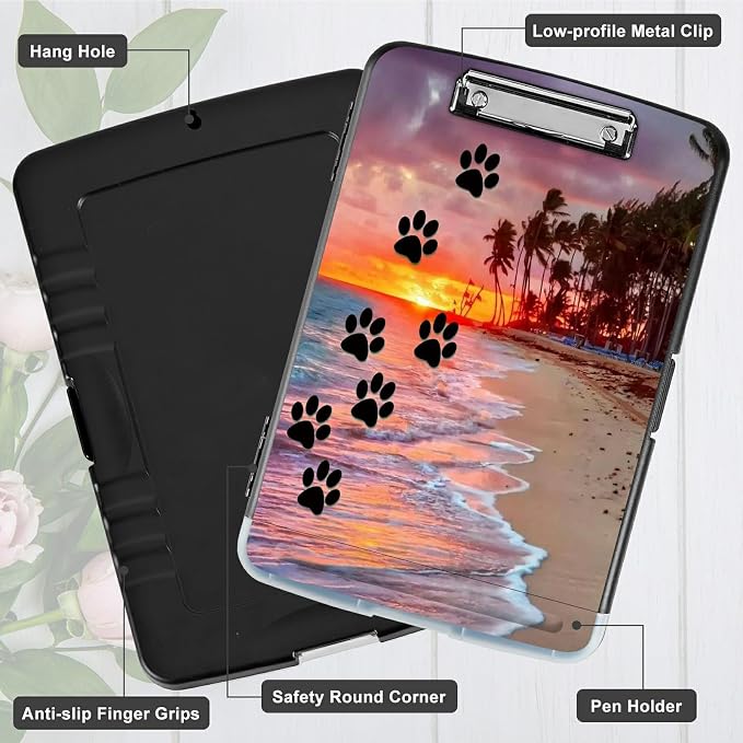 A4 Clipboard with Storage Pen Holder, Clipboards Organizer Nursing Clipboard Foldable File Folder Plastic Clipboard Folio Clip Board for Office Students Classroom Doctor, Dog Paw Print Beach