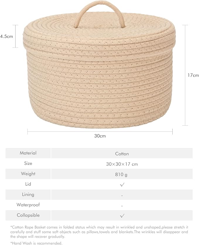 Sea Team Round Storage Basket, Woven Cotton Rope Basket with Lid, Khaki | Decorative Knitted Storage Bin, Multi-Purpose Lidded Organizer for Closet Shelves, Nursery and Household Storage