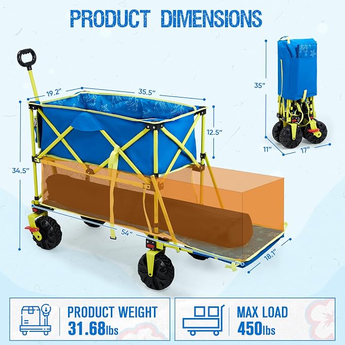 Old Bahama Bay 400L Collapsible Double Decker Beach Wagon with Brakes, Folding Beach Cart with 54" Extra Long Decker, 450LBS Heavy Duty Wagon Chart with All-Terrain Big Wheels for Sand Camping Garden