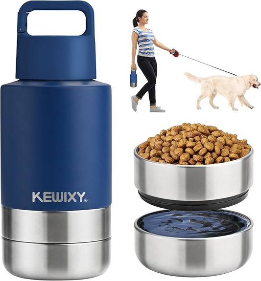 KEWIXY Insulated Dog Travel Water Bottle with Detachable Bowls, 3 in 1 Portable Dog Water Bottle Dispenser, Dog Accessories for Walking, Hiking, Camping, Outdoor (Navy Blue, 32 Oz)
