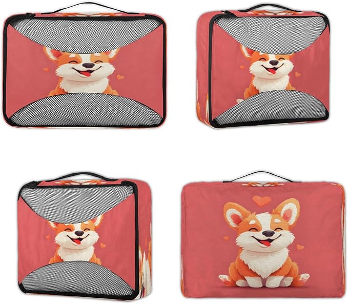 4 Set Packing Cubes for Travel, Animal Corgi Packing Cubes for Women, Travel Luggage Packing Organizers, Packing Cube Set, Cute Corgi Heart