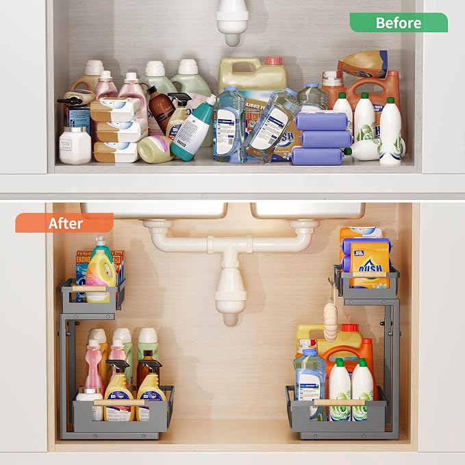 Under Sink Organizer, 2-Tier Slide Out Under Cabinet Storage for Kitchen/Bathroom, Adjustable Double Layer Under Sink Drawers, Space Saving Inder Sink Organizer for Cleaning Supplies(Black,2 Packs)