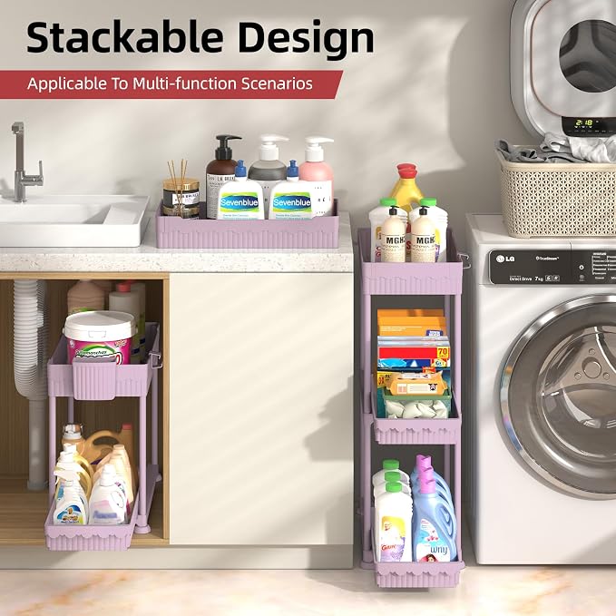 4-Pack 2-Tier Under Sink Organizer with Pull Out Drawers | Multi-use kitchen & bathroom storage. Includes hanging hooks and cups. Pink, space-saving cabinet design. 12.8 Inch