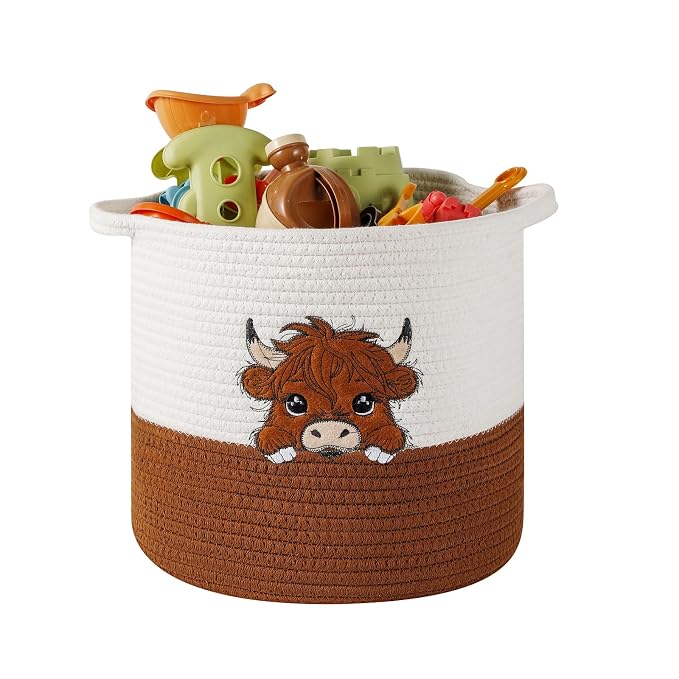 Highland Cow Cute Basket for Nursery, Woven Cotton Rope Storage Basket for Kids, Baby Blanket Organizer with Handles, Storage Basket for Blanket Towel Toys Clothes, Highland Cow Decor, Medium